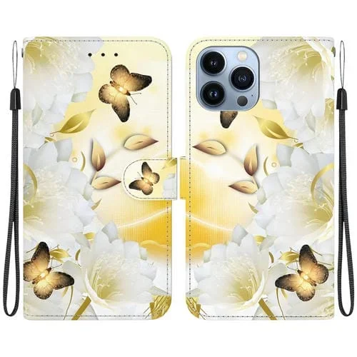 Estuche para teléfono iPhone 14 Pro Max cuero dibujo coloreado textura cristal (Epiphyllum Mariposa Dorada)