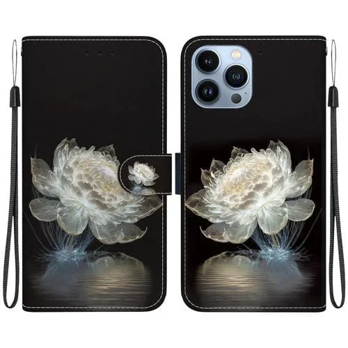 Estuche para Teléfono iPhone 14 Pro Max Cuero Dibujo Coloreado Textura de Cristal (Peonía de Cristal)
