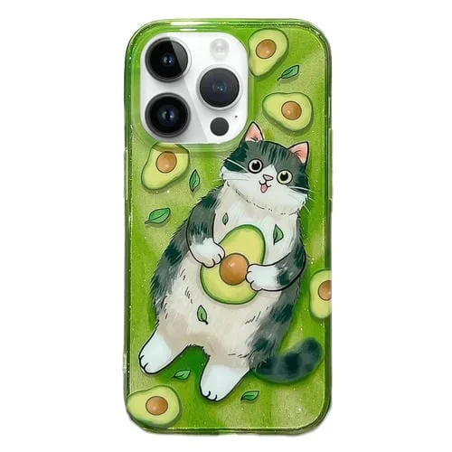 Estuche para teléfono iPhone 14 Pro Max Lmd doble capa Ilustración Graffiti Cat (Aguacate)