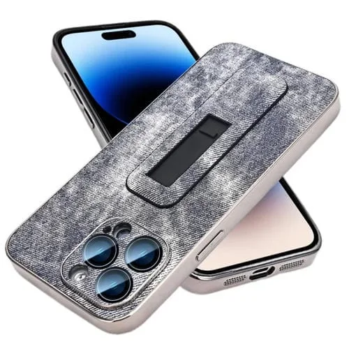 Estuche para Teléfono iPhone 14 Pro Max Soporte Empuje Tracción Galvanizado (Gris Azul)
