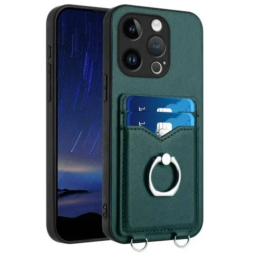 Estuche para teléfono iPhone 14 Pro R20 con soporte para tarjeta y anillo (Verde)