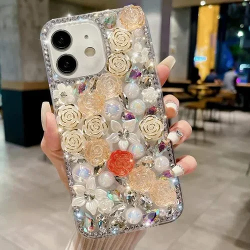 Estuche para teléfono iPhone 14 Rose con diamante perlado para PC (Albaricoque)