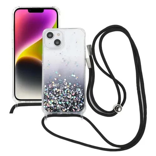 Estuche para Teléfono iPhone 15 Acrílico Engrosado TPU Epoxi Brillo Degradado con Cordón (Negro)
