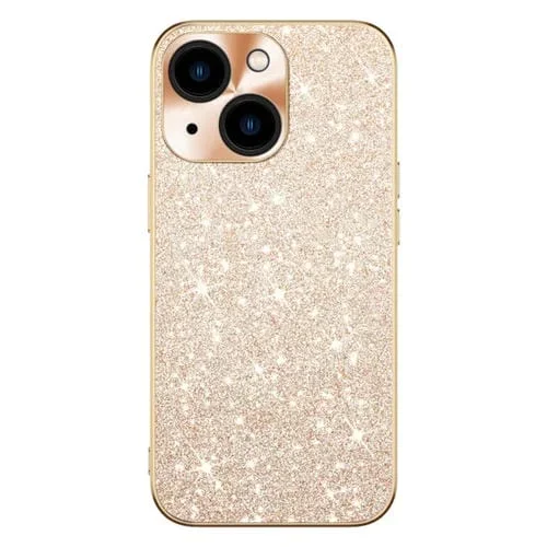 Estuche para Teléfono iPhone 15 Anillo de Lente Textura Cd Diamante Estrellado Galvanizado (Dorado)
