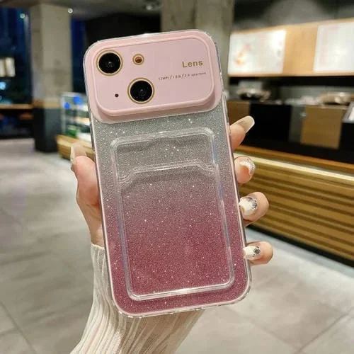 Estuche para Teléfono iPhone 15 con Brillo Degradado Ventana y Ranura para Tarjeta (Rosa)