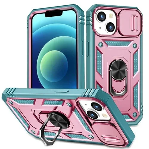 Estuche para teléfono iPhone 15 con soporte deslizante Camshield (Rosa + Verde)