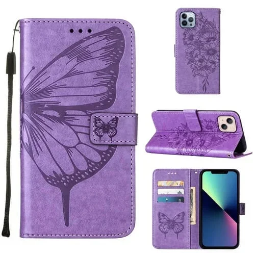 Estuche para Teléfono iPhone 15 Cuero Mariposa En Relieve (Púrpura Claro)