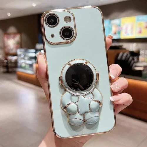 Estuche para Teléfono iPhone 15 Embrace Stars Galvanoplastia con Soporte para Astronauta (Verde)