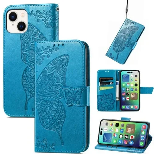 Estuche para teléfono iPhone 15 Plus Butterfly Love Flower Cuero en Relieve (Azul)