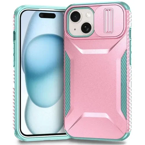 Estuche para Teléfono iPhone 15 Plus con Escudo Deslizante (Rosa + Gris Verde)