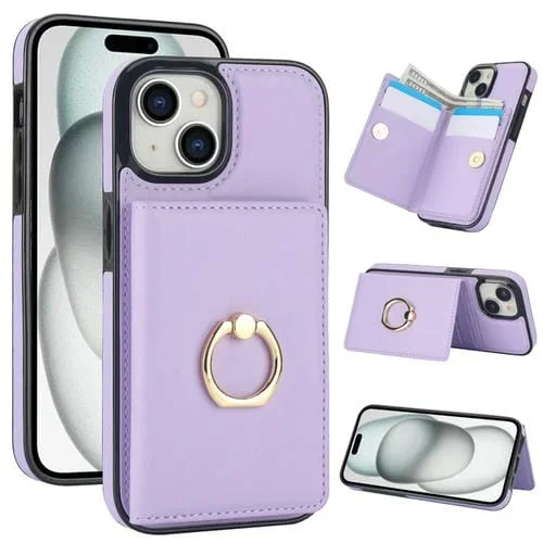 Estuche para Teléfono iPhone 15 Plus con Soporte para Anillo y Tarjeta Antirrobo Rfid (Púrpura)