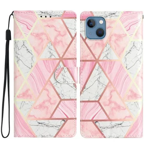 Estuche para Teléfono iPhone 15 Plus Cuero Dibujo Coloreado (Mármol Rosa)