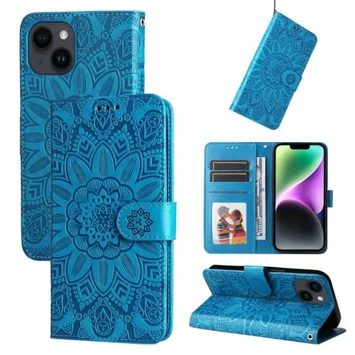 Estuche para Teléfono iPhone 15 Plus Cuero Estampado Girasol En Relieve (Azul)