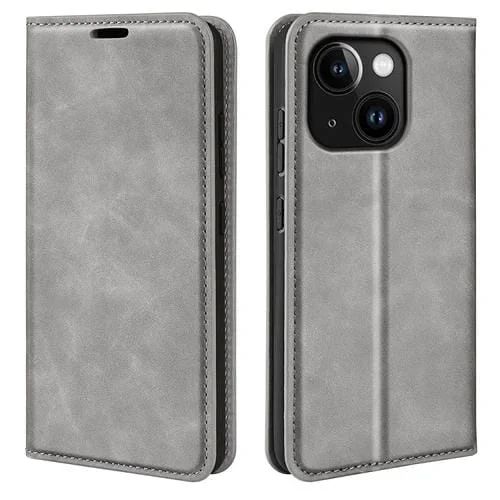 Estuche para Teléfono iPhone 15 Plus Cuero Succión Magnética Piel Retro (Gris)