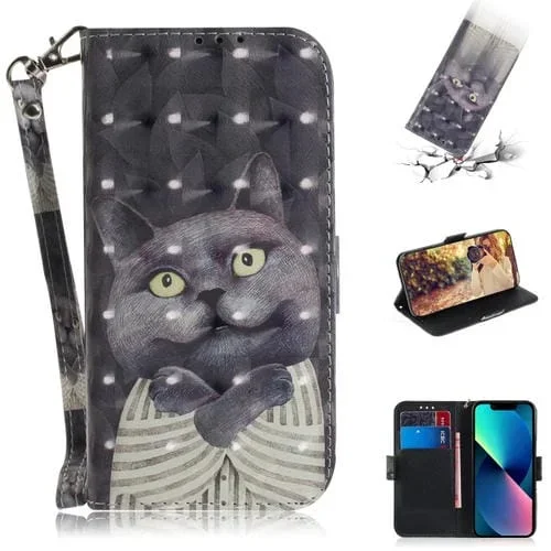 Estuche para Teléfono iPhone 15 Plus Cuero Tapa Horizontal Color 3D (Hug Cat)