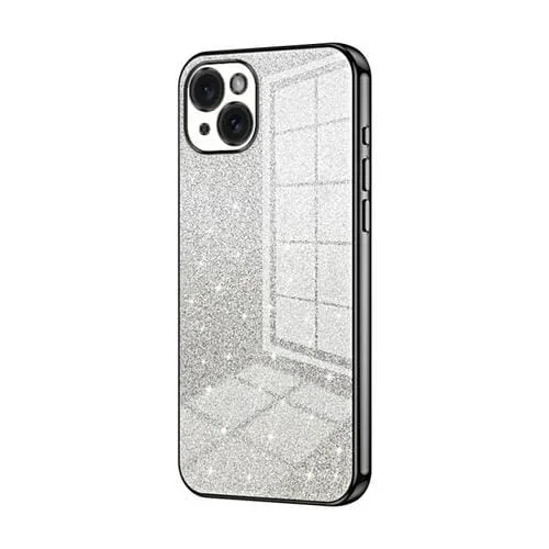 Estuche para teléfono iPhone 15 Plus Galvanizado con Polvo de Brillo Degradado (Negro)