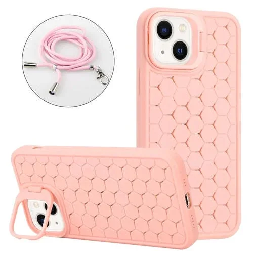 Estuche para teléfono iPhone 15 Plus Magsafe con soporte para Lente en forma de panal con cordón (Rosa)