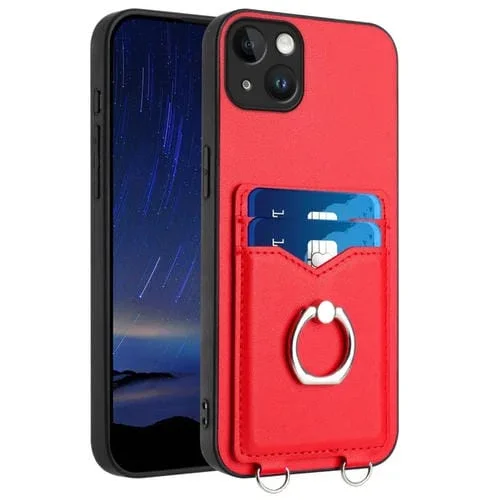 Estuche para Teléfono iPhone 15 Plus R20 con Soporte para Tarjeta y Anillo (Rojo)