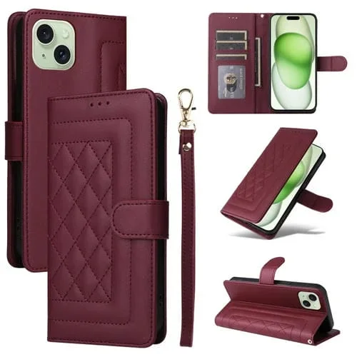 Estuche para Teléfono iPhone 15 Plus Tapa de Cuero Entramado de Diamantes (Rojo Vino)