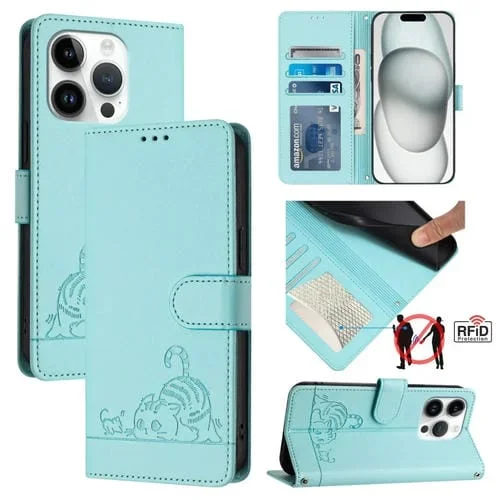 Estuche para teléfono iPhone 15 Pro Cat Rat de cuero RFID con patrón en relieve y cordón (Verde Menta)