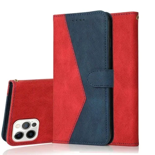 Estuche para Teléfono iPhone 15 Pro Cuero con Costuras de Dos Colores (Rojo Azul)