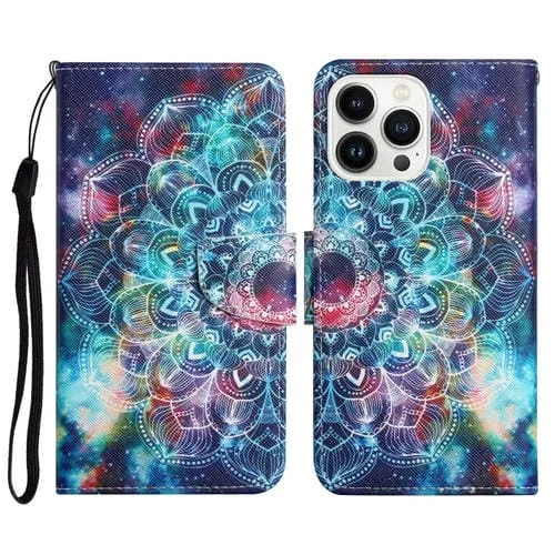 Estuche para Teléfono iPhone 15 Pro Cuero con Tapa Dibujo Coloreado 3D (Star Mandala)