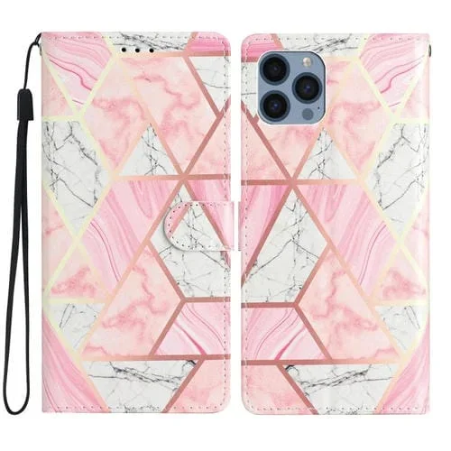 Estuche para Teléfono iPhone 15 Pro Cuero Dibujo Coloreado Mármol Rosa
