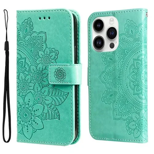 Estuche para teléfono iPhone 15 Pro Cuero Estampado Flores 7 Pétalos (Verde)