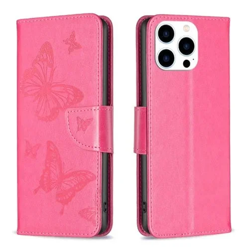 Estuche para Teléfono iPhone 15 Pro Cuero Patrón Dos Mariposas En Relieve (Rosa Roja)