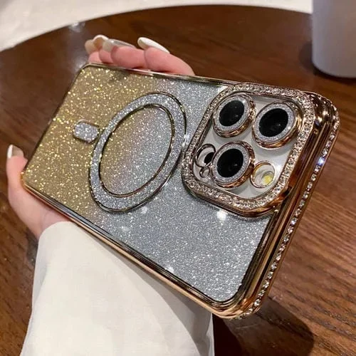 Estuche para Teléfono iPhone 15 Pro Magsafe Chapado en Brillo con Degradado de Diamante (Dorado)