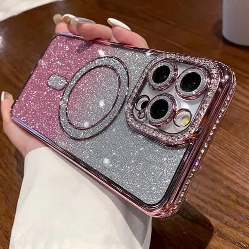 Estuche para Teléfono iPhone 15 Pro Magsafe Chapado en Brillo con Degradado de Diamante (Rosa)
