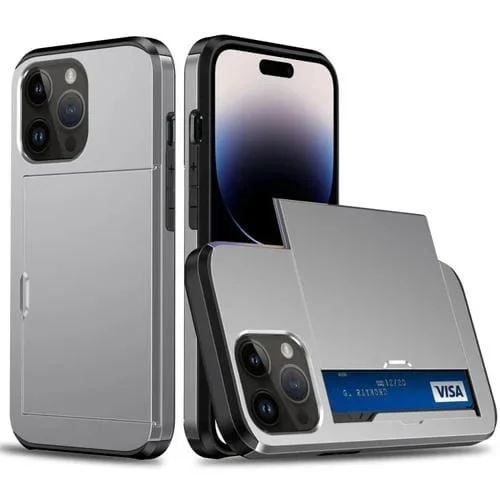 Estuche para teléfono iPhone 15 Pro Max Armadura a prueba de golpes con ranura para tarjeta deslizante (Gris)