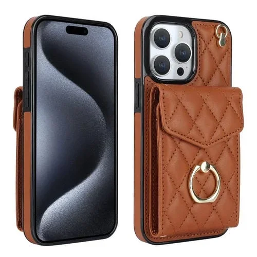 Estuche para Teléfono iPhone 15 Pro Max Bolsa para Tarjetas Textura Rómbica Cordón Largo (Marrón)