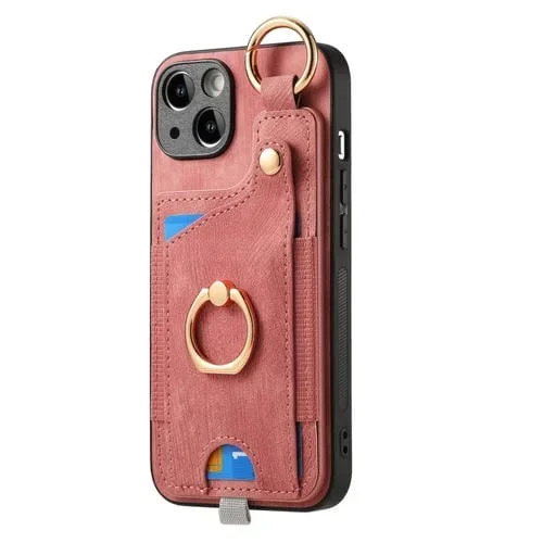 Estuche para Teléfono iPhone 15 Pro Max con Bolsa para Tarjeta Anillo y Lazo (Rosa)