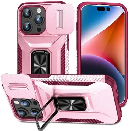Estuche para teléfono iPhone 15 Pro Max con soporte deslizante para levas (Rosa + Rojo Rosa)