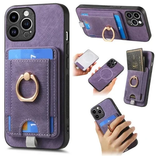 Estuche para teléfono iPhone 15 Pro Max cuero con bolsa para tarjeta magnética divisible retro (Púrpura)