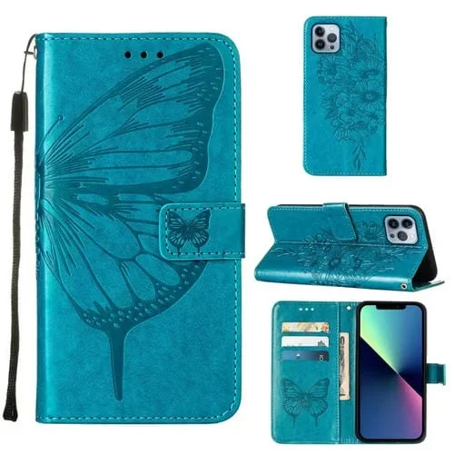 Estuche para teléfono iPhone 15 Pro Max cuero con mariposa en relieve (Azul)