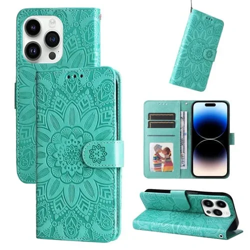 Estuche para Teléfono iPhone 15 Pro Max Cuero Estampado de Girasol En Relieve (Verde)