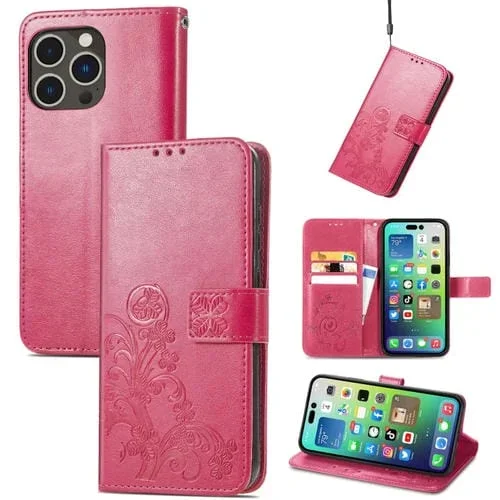 Estuche para Teléfono iPhone 15 Pro Max Cuero Hebilla En Relieve Cierre de Cuatro Hojas (Magengta)