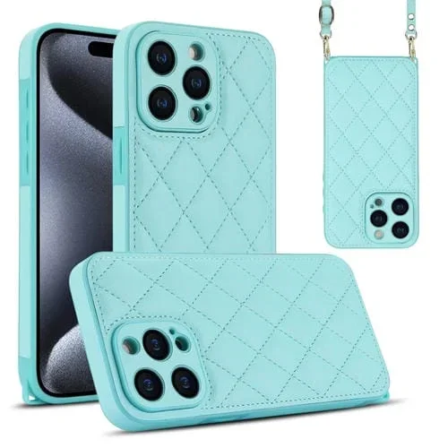 Estuche para Teléfono iPhone 15 Pro Max Textura Rómbica Cordón Doble (Verde)