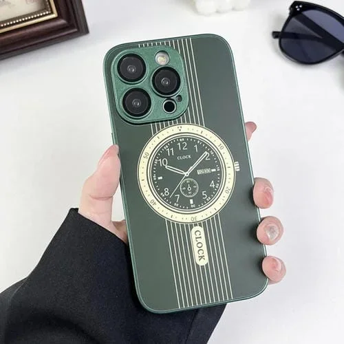 Estuche para Teléfono iPhone 15 Pro Protección de Lente Magnética Patrón de Reloj (Verde)