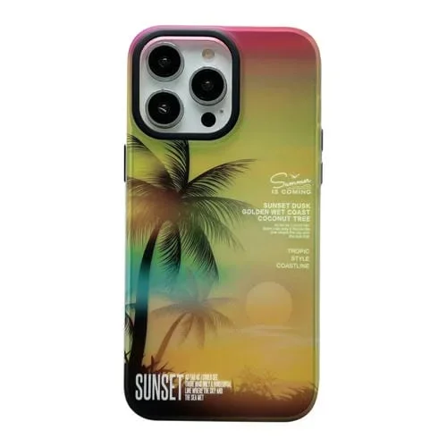 Estuche para teléfono iPhone 15 Pro Sunset Coconut Tree con láser laminado de doble cara (Amarillo)