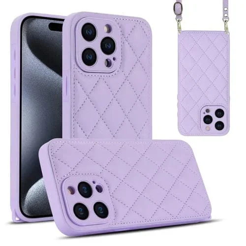 Estuche para Teléfono iPhone 15 Pro Textura Rómbica Cordón Doble (Púrpura)
