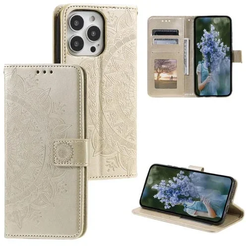 Estuche para teléfono iPhone 15 Pro Totem Flower Cuero en Relieve (Oro)