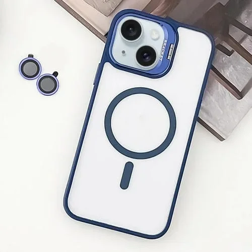 Estuche para Teléfono iPhone 15 TPU Híbrido Acrílico Magsafe con Soporte y Película para Lentes (Azul Profundo)