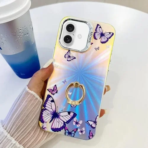 Estuche para teléfono iPhone 16 con soporte para anillo mariposa láser galvanoplastia (Morado)