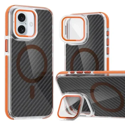 Estuche para Teléfono iPhone 16 Plus Magsafe con Película de Lente de Fibra de Carbono Dos Colores y Soporte para Pliegue de Lente (Naranja)