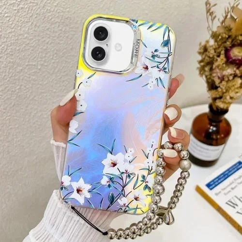Estuche para Teléfono iPhone 16 Plus Morning Glory Ah16 Flor Láser Galvanizada con Correa