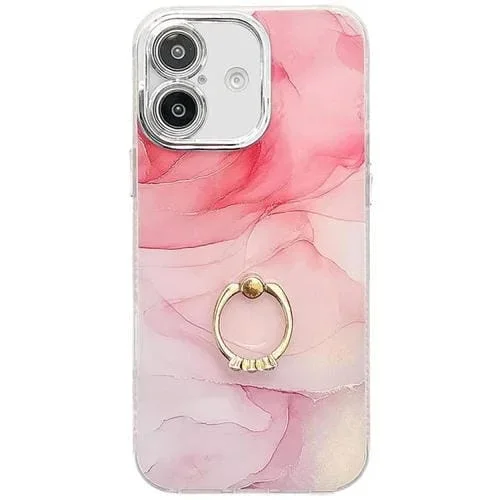 Estuche para Teléfono iPhone 16 Plus Soporte de Anillo Textura Mármol Galvanizado (Rosa S2)