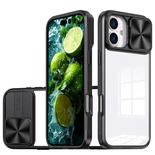 Estuche para teléfono iPhone 16 Plus TPU híbrido acrílico con escudo de leva deslizante (Negro)